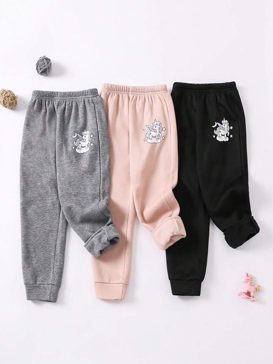 SHEIN Young Girl 3pcs Adorable Pony Printed Cozy Warm Fleece High-Waisted Thick Sweatpants For Fall And Winter - Multicolor - View 1