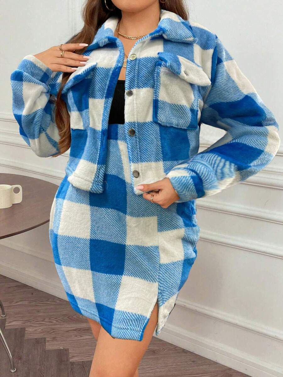 EMERY ROSE Plus Size Flap Pocket Plaid Flannel Jacket And Skirt Two-Piece Set - Blue and White - View 1