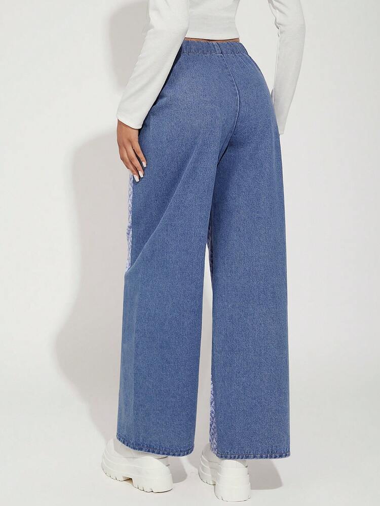 Drawstring Waist Mixed Fabric Denim Pants