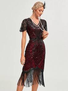 Vestido de fiesta vintage de mujer con cuello en V, recortes de tul con volantes y parches con lentejuelas - Burdeos - Ver 4