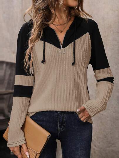 EMERY ROSE Hooded Color Block Casual Long Sleeve T-Shirt Graphic Tees Women Tops For Spring Outfit Fall Cloth For Women