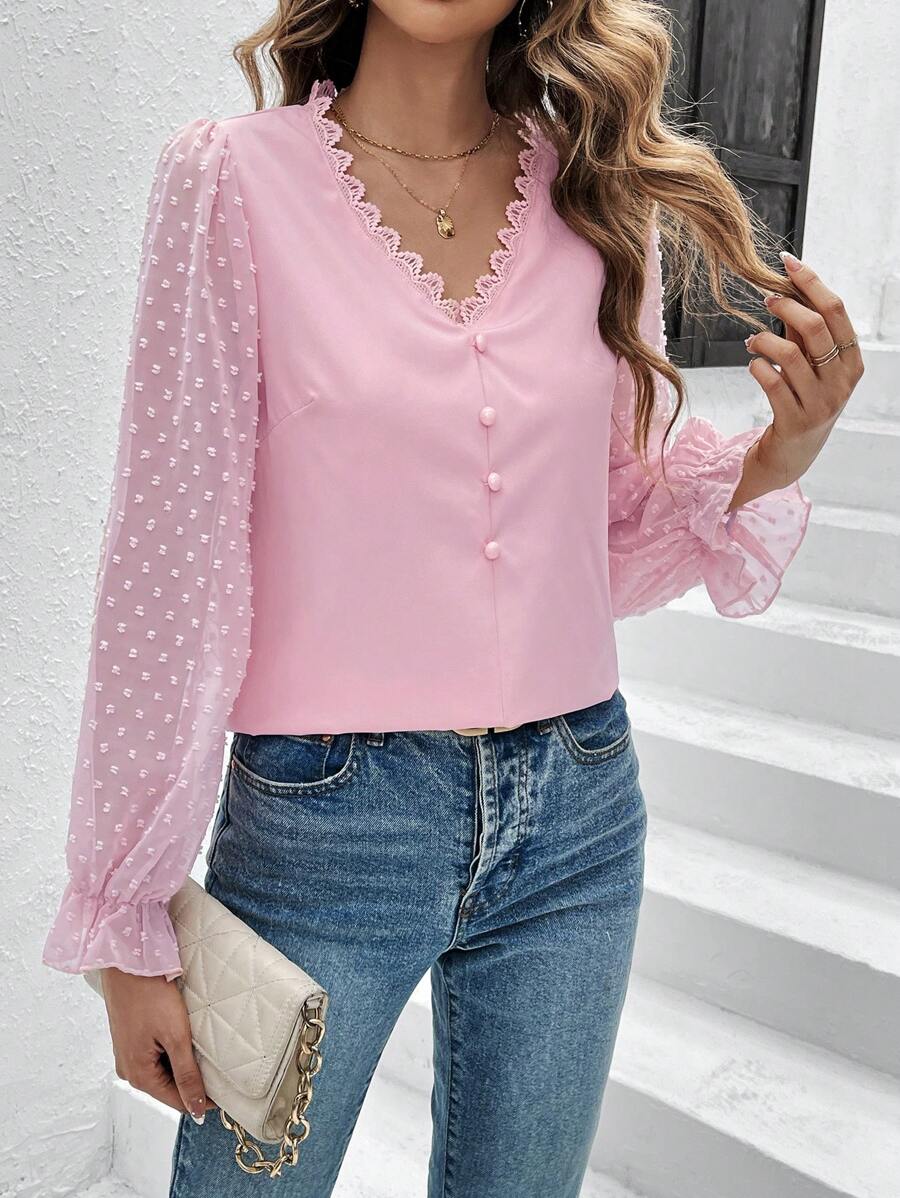 SHEIN Frenchy Blusa De Manga Con Volantes Y Encaje Insertado - Rosa - Ver 1