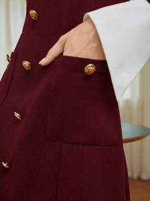 BizChic Của phụ nữ Tương phản Khe Cổ tay áo Nút phía trước Đầm - Màu Đỏ Sâu - Xem 4