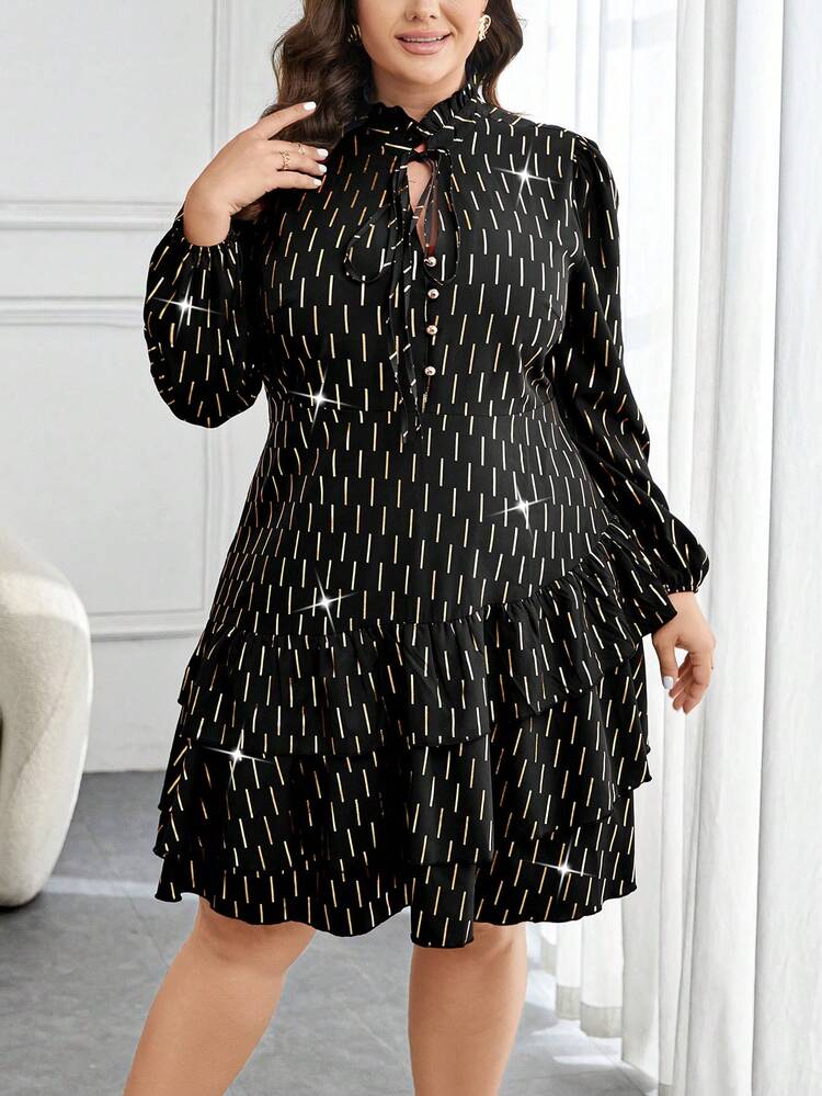 Plus Allover Print Tie Neck Lantern Sleeve Ruffle Hem Dress