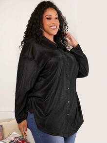 SHEIN CURVE+ Christmas Plus Drop Shoulder Knot Hem Shirt - Black - View 3