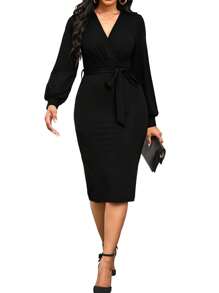 Solid Color Lantern Sleeve V-Neck Dress - Black - View 1