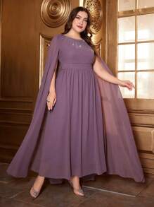 Modelyn Plus Size Women'S Cape Sleeves Dress With Rhinestone Decoration - Dusty Pink - View 3