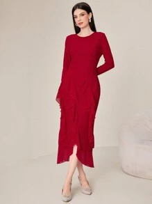 Modelyn Round Neck Long Sleeve Ruffle Detail Dress - Red - View 4