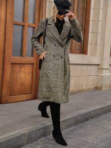 SHEIN LUNE Lapel Collar Double Breasted Plaid Overcoat - Coffee Brown - View 3