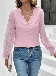 SHEIN Frenchy Blusa De Manga Con Volantes Y Encaje Insertado - Rosa - Ver 6