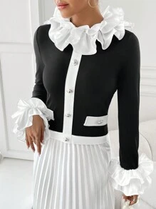 SHEIN Privé 女式誇張荷葉邊裝飾t卹 - 黑與白 - 查看 3