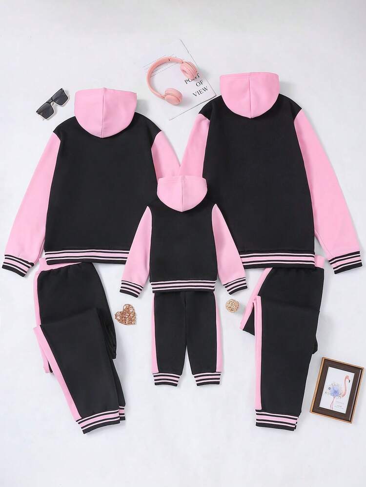 Baby Girls' Hooded Jacket And Pants Set With Letter Print And Colorblocking