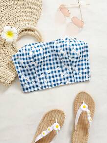 Soleia 格子花卉圖案無肩帶上衣 - 藍色 - 查看 1