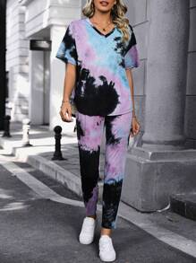SHEIN LUNE Tie-Dye V-Neck T-Shirt And Pants Set