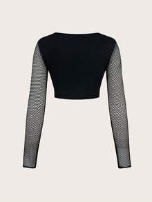 SHEIN Unity 網紗切割短上衣 - 黑色 - 查看 2