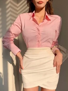 DAZY Camisa Sólida De Manga Larga Y Cintura