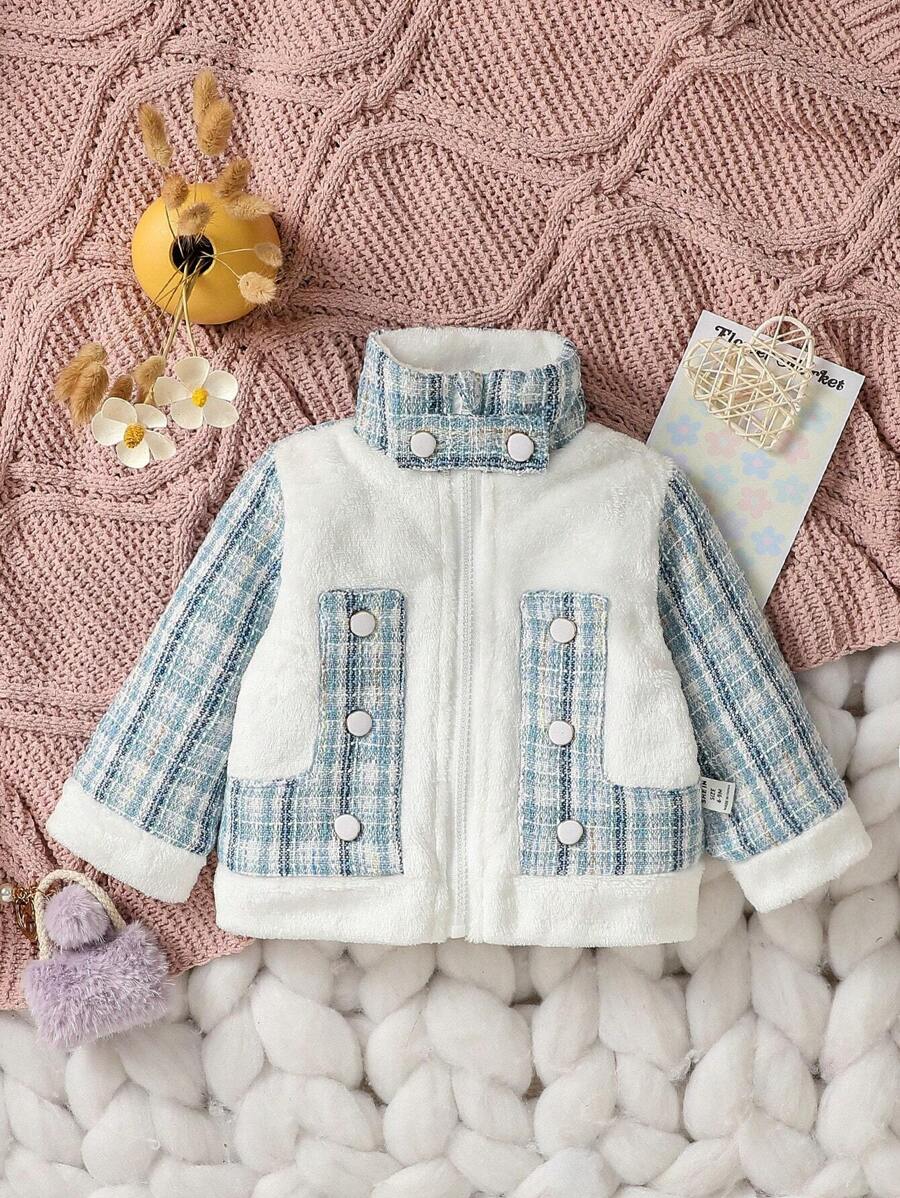 Baby Girls' Color Block Teddy Panel Zip Front Stand Collar Plaid Thick Woolen Jacket, Winter