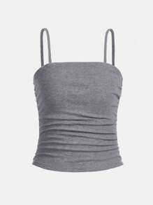SHEIN Teen Girls' Knit Ribbed Folded Casual Cami Tank Top - Grey - View 1