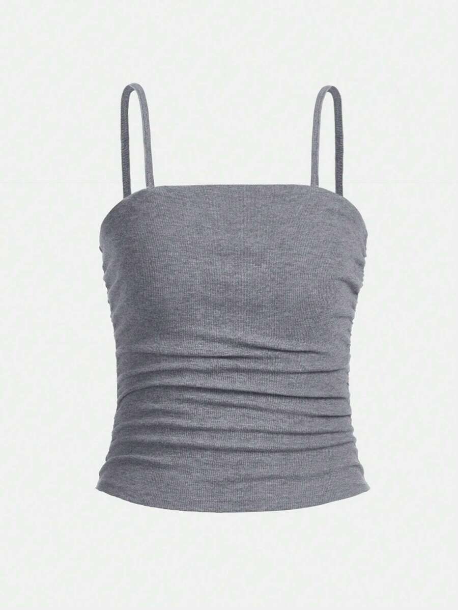 SHEIN Teen Girls' Knit Ribbed Folded Casual Cami Tank Top - Grey - View 1