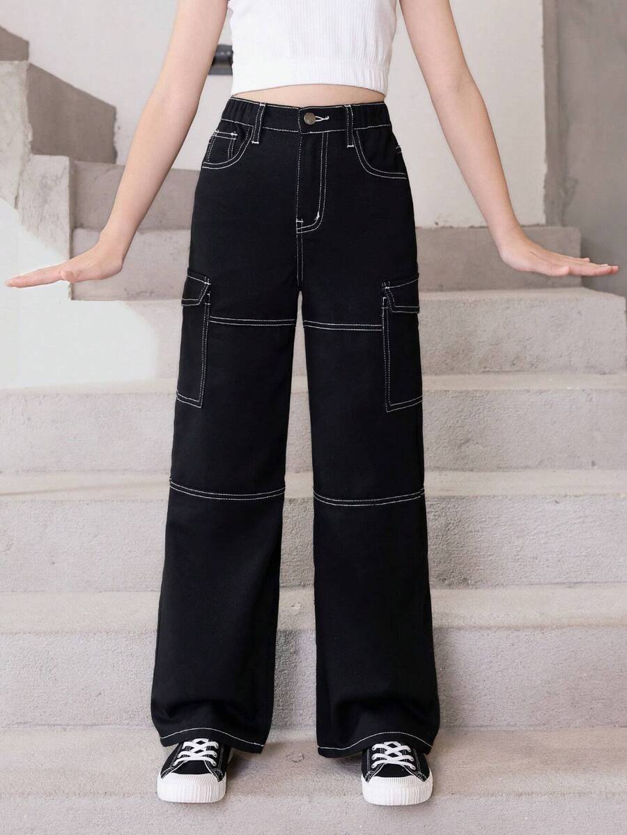 Tween Girl New Style Casual Fashionable Cargo Style Washed Straight Leg Jeans - Black - View 1