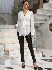 Aveloria 閃亮綁帶長袖衫 - 杏色 - 查看 3