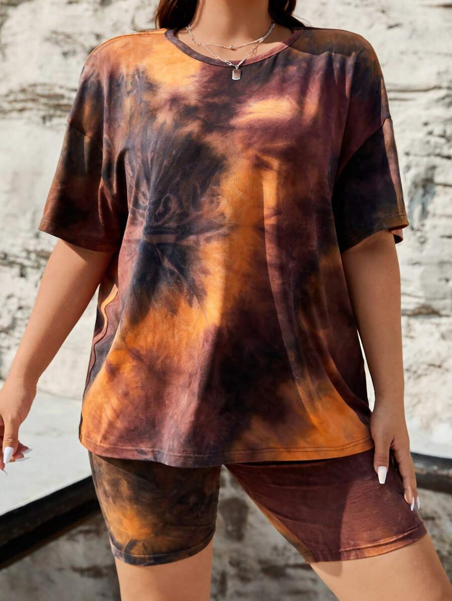 SHEIN EZwear 大码女式夏季扎染短袖 T 恤和短裤两件套 - 彩色 - 查看 1