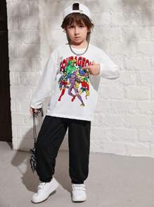 SHEIN Kleine Jungen Lässig set aus Langarm Top mit Cartoon Muster und einfarbiger Hose, Fleece, verdickt - Weiss - Übersicht 1
