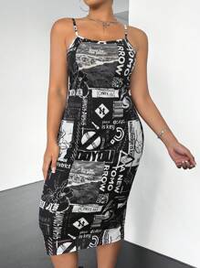 SHEIN EZwear Plus Size Printed Cami Dress - Black and White - View 3