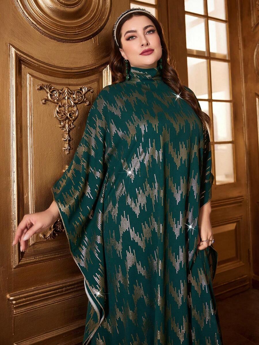 Al Najma Plus Size Batwing Sleeve Dress With Full Graphic Design Kaftan Jalabiya Dress - Dark Green - View 1