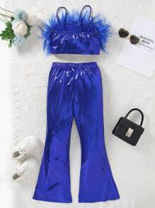 SHEIN Tween Girl 2pcs/Set Short Solid Color Ice Silk & Splice Strappy Tank Top And Shiny Flared Pants Outfits, For Spring And Autumn - Blue - View 2