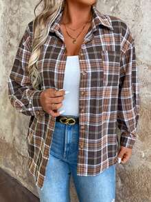 SHEIN LUNE Plus Size Women'S Plaid Drop Shoulder Long Sleeve Shirt - Khaki - View 4