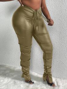 Slaydiva Plus Size Drawstring Waist Pleated Pu Leather Pants - Army Green - View 4