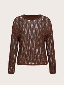 SHEIN ICON Holey Round Neck Sweater - Coffee Brown - View 1