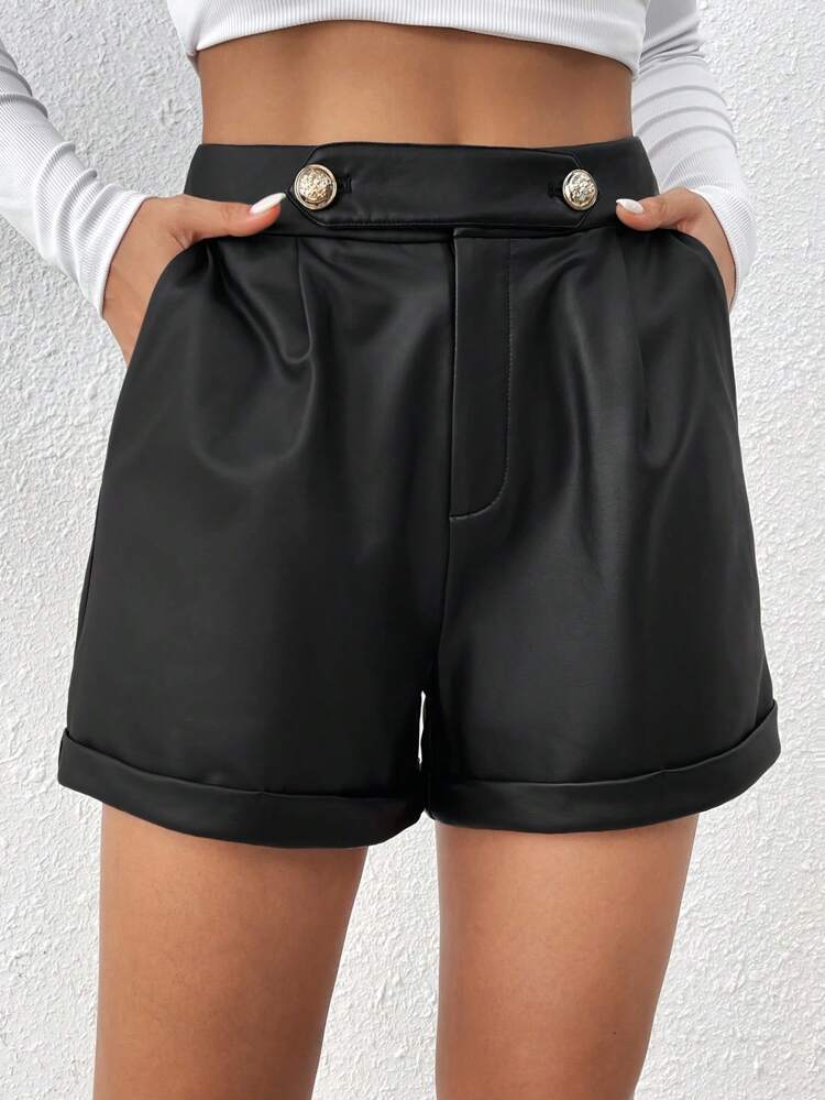 Button Detail Rolled Hem Shorts Summer Black Casual