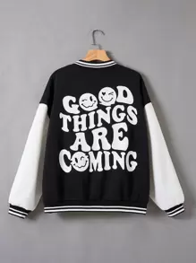 SHEIN EZwear Women's Plus Size Slogan Print Color Block Jacket - Black and White - View 1