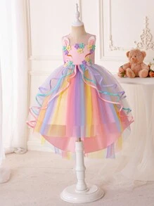 幼女花瓣裝飾絲帶和長拖尾正式禮服裙 - 粉色 - 查看 1