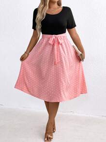 SHEIN Clasi 大码夏季撞色圆点图案连衣裙 - 粉色 - 查看 5