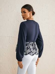 SHEIN Clasi 正面纽扣刺绣收腰长袖衬衫 - 藏蓝色 - 查看 2