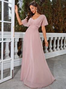 Butterfly Sleeve Chiffon Bridesmaid Dress - Dusty Pink - View 6