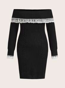 Flirla Plus Size Embroidery Mesh Decor Off The Shoulder Sweater Dress - Black - View 1