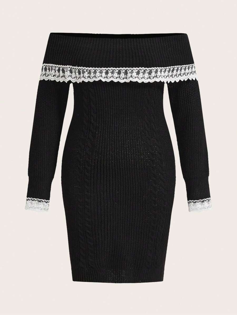 Flirla Plus Size Embroidery Mesh Decor Off The Shoulder Sweater Dress - Black - View 1