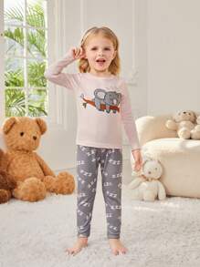 SHEIN Young Girls' Cartoon Printed Long Sleeve Snug Fit Homewear Set - Pink - View 1