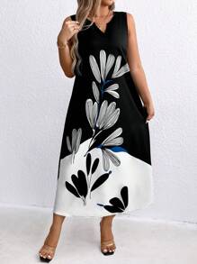 EMERY ROSE Vestido De Talla Grande Sin Mangas Con Estampado Floral De Bloque De Color Y Cuello De Muesca - Multicolor - Ver 3