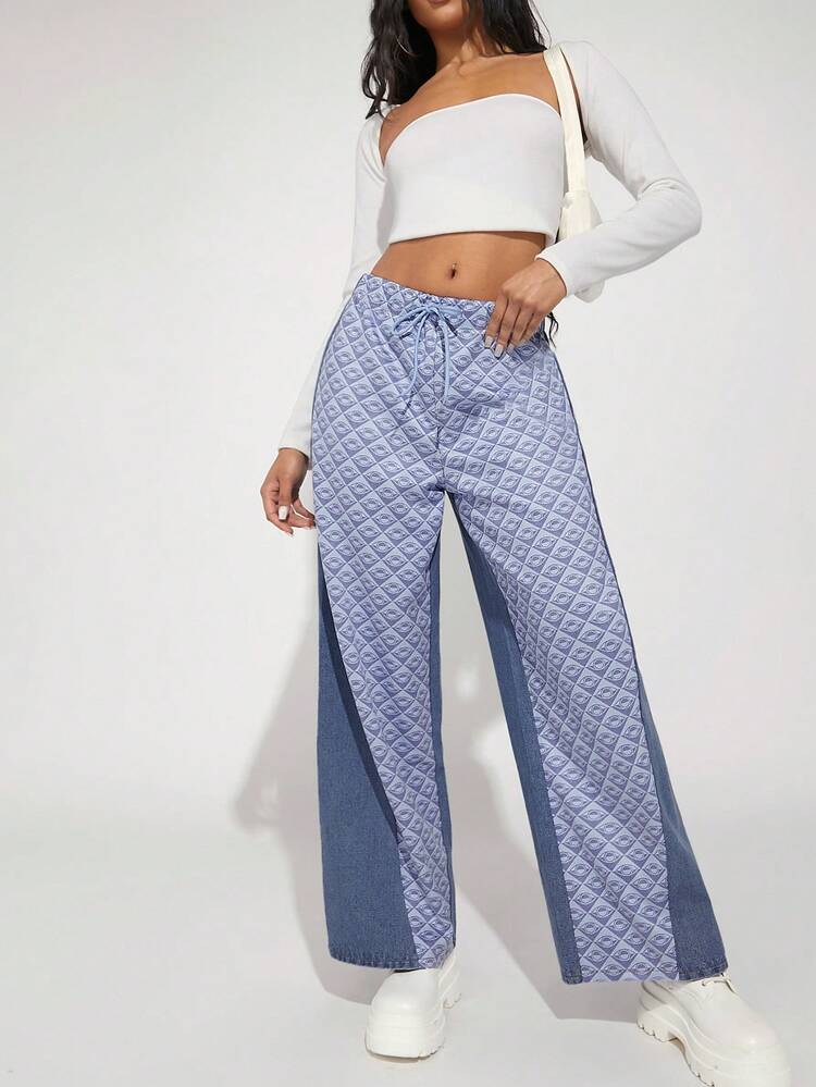 Drawstring Waist Mixed Fabric Denim Pants