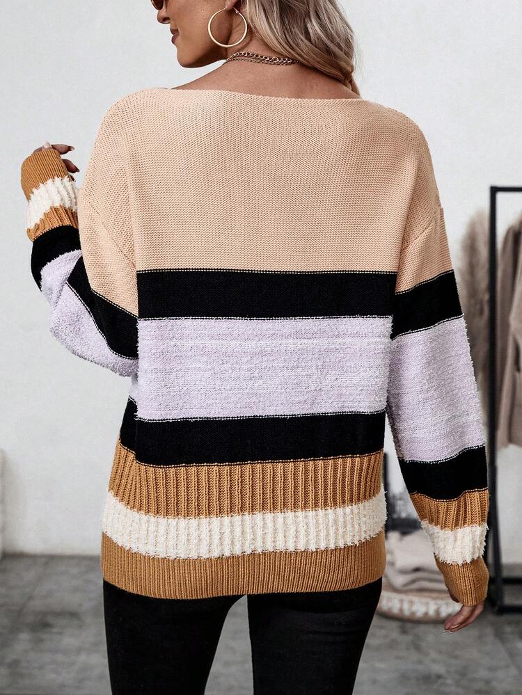 Women's Contrast Color Drop Shoulder Knit Pullover Fall Winter Sweater
