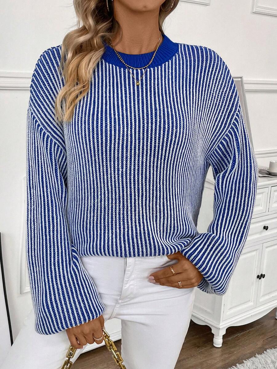 SHEIN Essnce Của phụ nữ Sọc Thả vai Tay áo dài Áo len Áo chui đầu - Màu xanh lam - Xem 1
