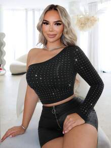 SHEIN SXY Spring Women Clothes Glow In The Dark  One Shoulder Rhinestone Tight Long Sleeve Women's Top