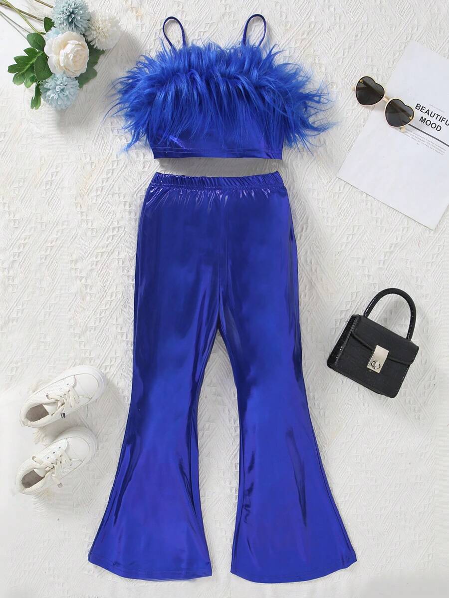 SHEIN Tween Girl 2pcs/Set Short Solid Color Ice Silk & Splice Strappy Tank Top And Shiny Flared Pants Outfits, For Spring And Autumn - Blue - View 1
