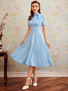 SHEIN DECDS Vintage Elegant New Year Women's Plaid Splicing Short Sleeve Dress With Bow Tie Collar And Umbrella Hem - Blue - View 1
