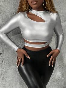 Slaydiva 女士镂空金属质感长袖T恤 - 銀色 - 查看 1